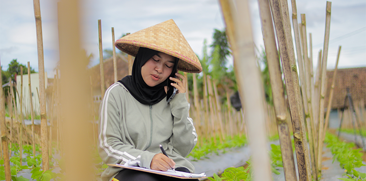 A woman wearing a conical hat and hijab sits in a vegetable field, speaking on a mobile and writing in a notebook. She wears a grey jacket and is surrounded by wooden stakes and green plants under a cloudy sky.