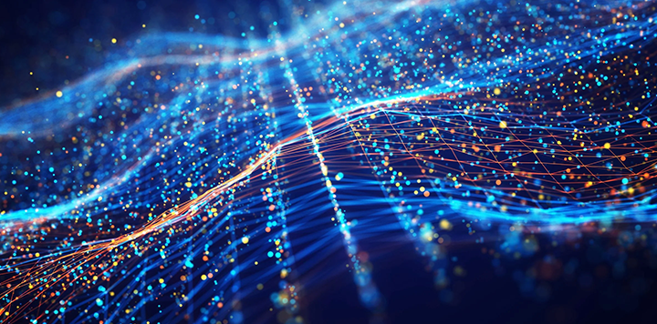 A digital abstract image shows glowing blue, orange, and yellow dots connected by wavy, criss-crossing lines, creating a dynamic web-like network against a dark background, evoking a sense of technology, data flow, or neural networks.