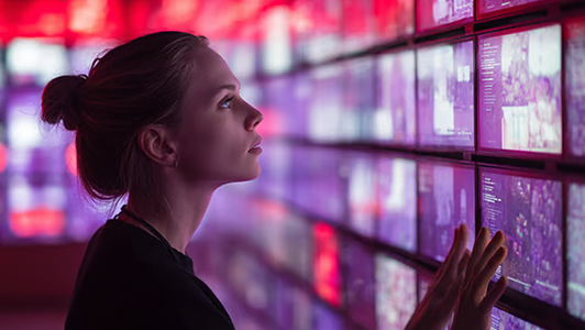 A woman with light skin and tied-back hair examines a wall of glowing digital screens, her hand touching one. The screens emit purple and pink hues, illuminating her focused face in a dimly lit, futuristic room.