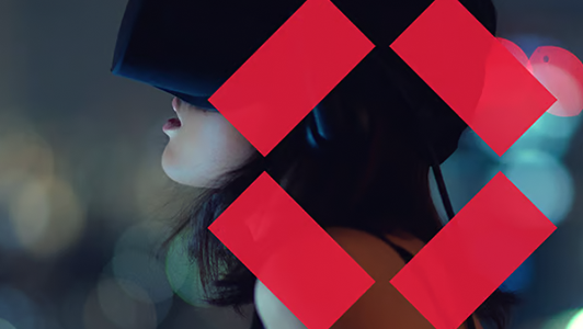 A person wearing a VR headset faces left in a dimly lit setting with blurred lights. Four large red rhombuses are overlaid in a diamond pattern, partially obscuring their face and head.