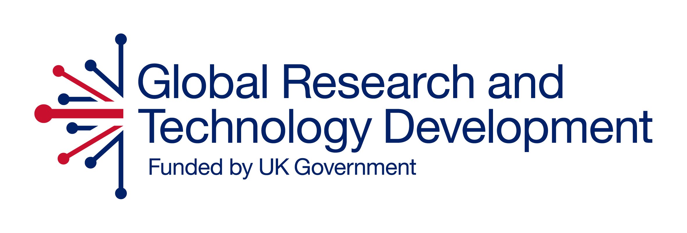 Logo with red and blue abstract circuit design, resembling part of the UK flag, to the left of blue text reading "Global Research and Technology Development Funded by UK Government" on a white background.
