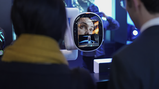 Two people view a high-tech display showing a circular screen with a human face on it and an image of a person wearing a headset. The scene is futuristic with blue lighting and technological equipment in the background.