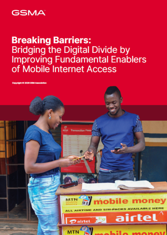 Two people stand outside a mobile money kiosk. The woman smiles whilst holding cash; the man gestures towards a phone. Signs for mobile money services (MTN, Airtel) are displayed. The upper section is red with the GSMA logo and white/yellow event text.