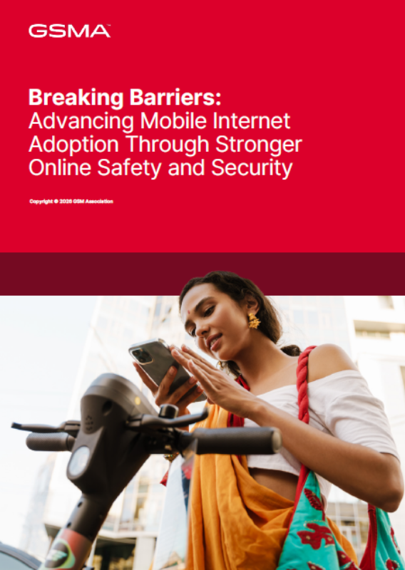 A woman stands outdoors using her mobile phone while holding a scooter. Above her is a red banner with the text: “Breaking Barriers: Advancing Mobile Internet Adoption Through Stronger Online Safety and Security.”.