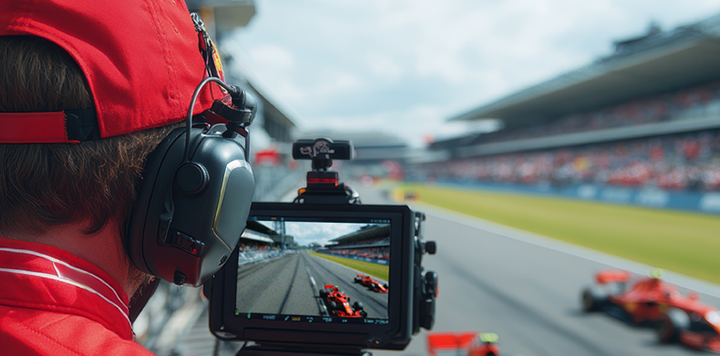 A race track photographer wearing a red cap and headset holds a camera, looking towards a Formula One car speeding down the track. The camera’s screen displays a live feed of the race, while a blurred grandstand filled with spectators sits in the background.